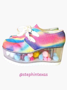YRU QLOUD Rainbow Glitter Clear Platform Shoes Creepers Kawaii Rave Festival Sz